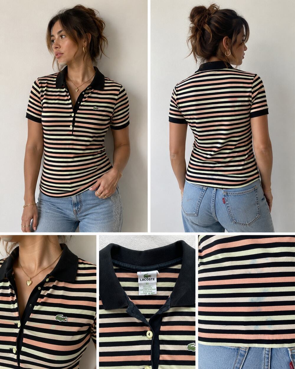 Vintage Lacoste Striped Polo Shirt Women's Medium Black Pink Green Cotton Preppy